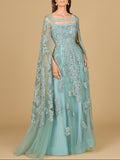 Lace Embroidered Gown with Long Cape Sleeves