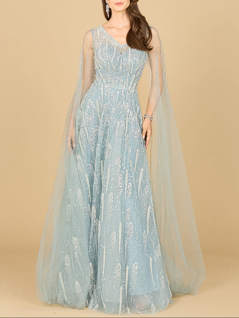 Lace Gown with Cape Sleeves and V-neckline