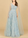 Lace Gown with Cape Sleeves and V-neckline