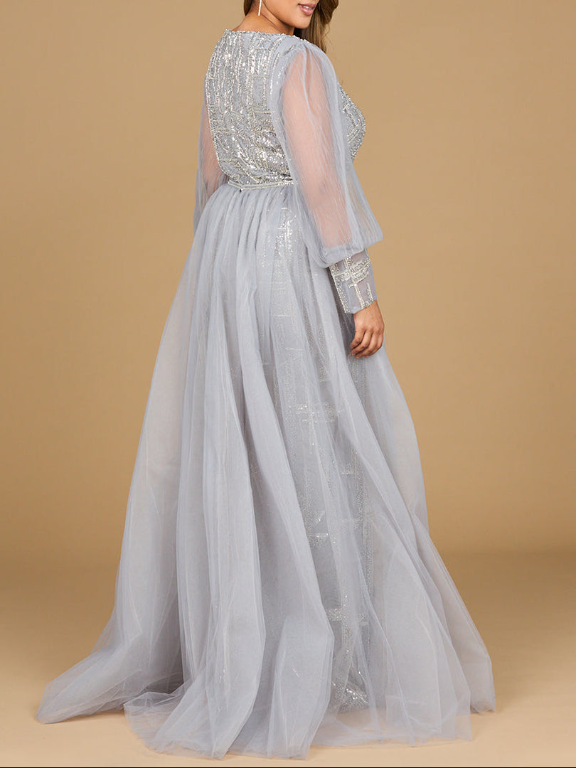Long Sleeve Lace Gown with Removable Over Skirt