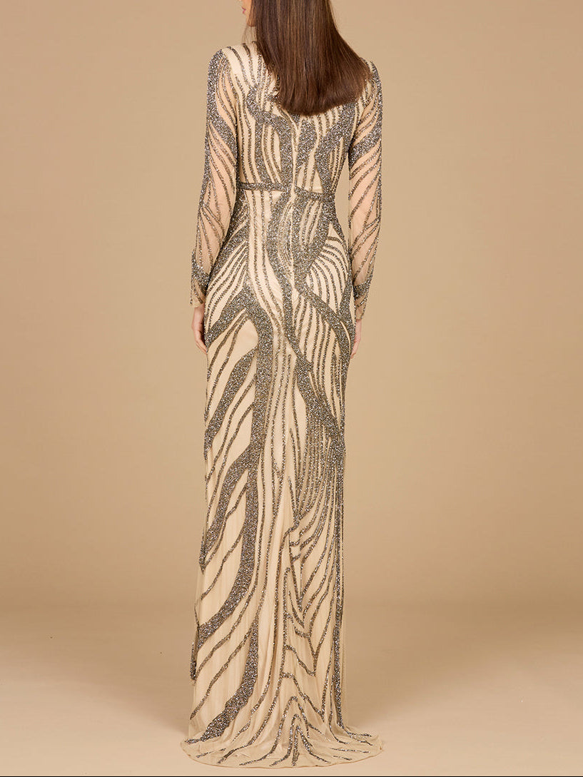 Cascading Beads Long Sleeve Dress - OUTLET
