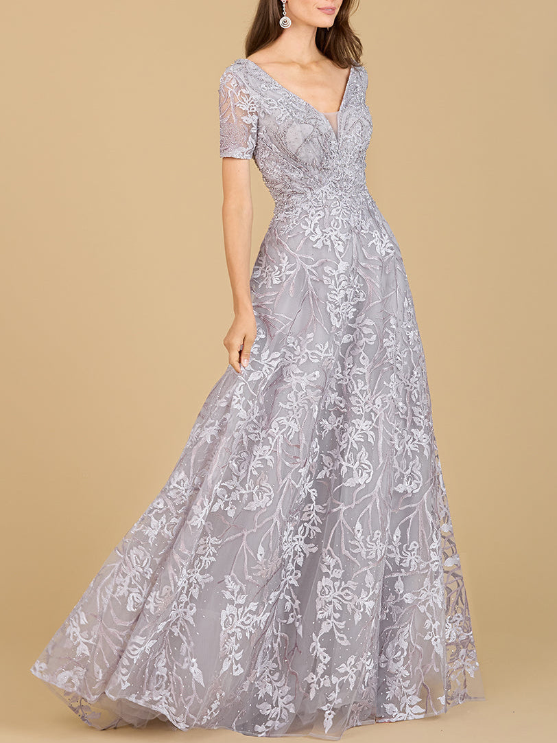 Short Sleeve Lace A-Line Dress with V-Neckline