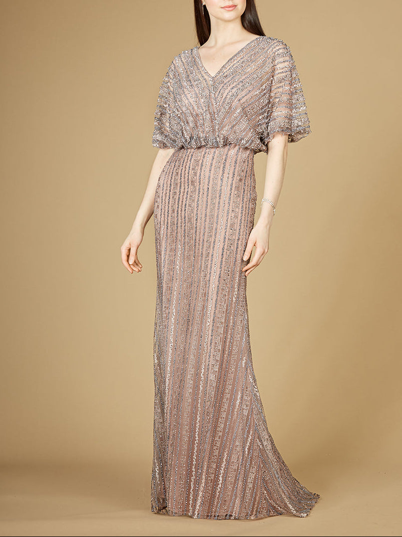 Cape Sleeve V-Neck Gown with Geometric Beading