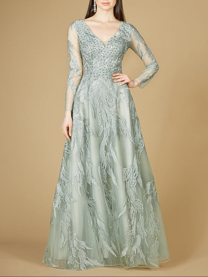 Long Sleeve Lace Ballgown with V-Neck