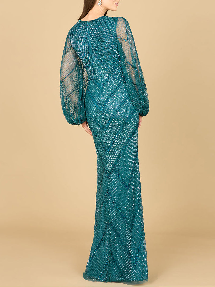Long Sleeve Beaded Dress with Sheer Sleeves