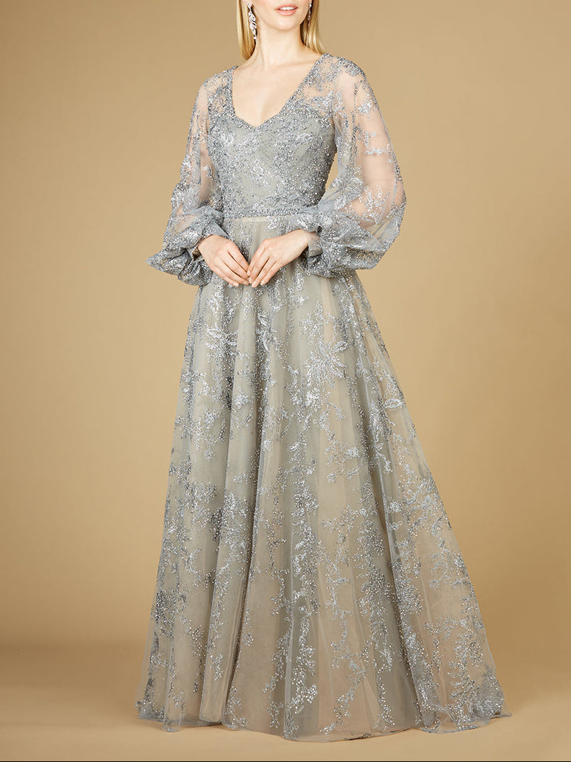 V Neckline Balloon Sleeve Gown