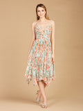 V-Neck Printed Midi Length Dress with Pleats - OUTLET
