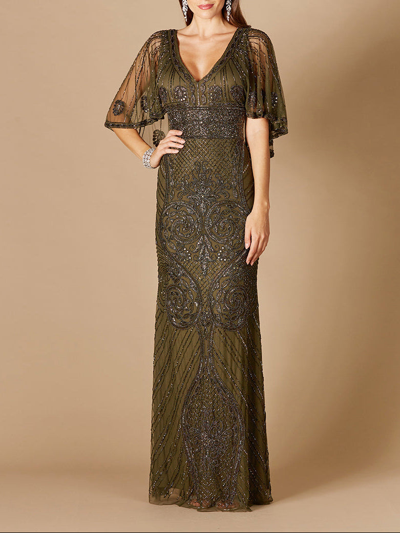 Cape Sleeve V-Neck Beaded Gown | 29356