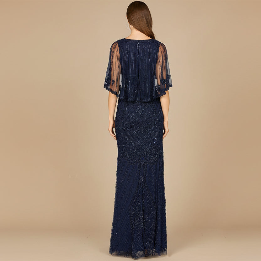 Cape Sleeve V-Neck Beaded Gown | 29356