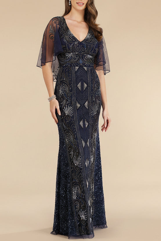 Lara 29393 - Cape Sleeve Beaded Gown