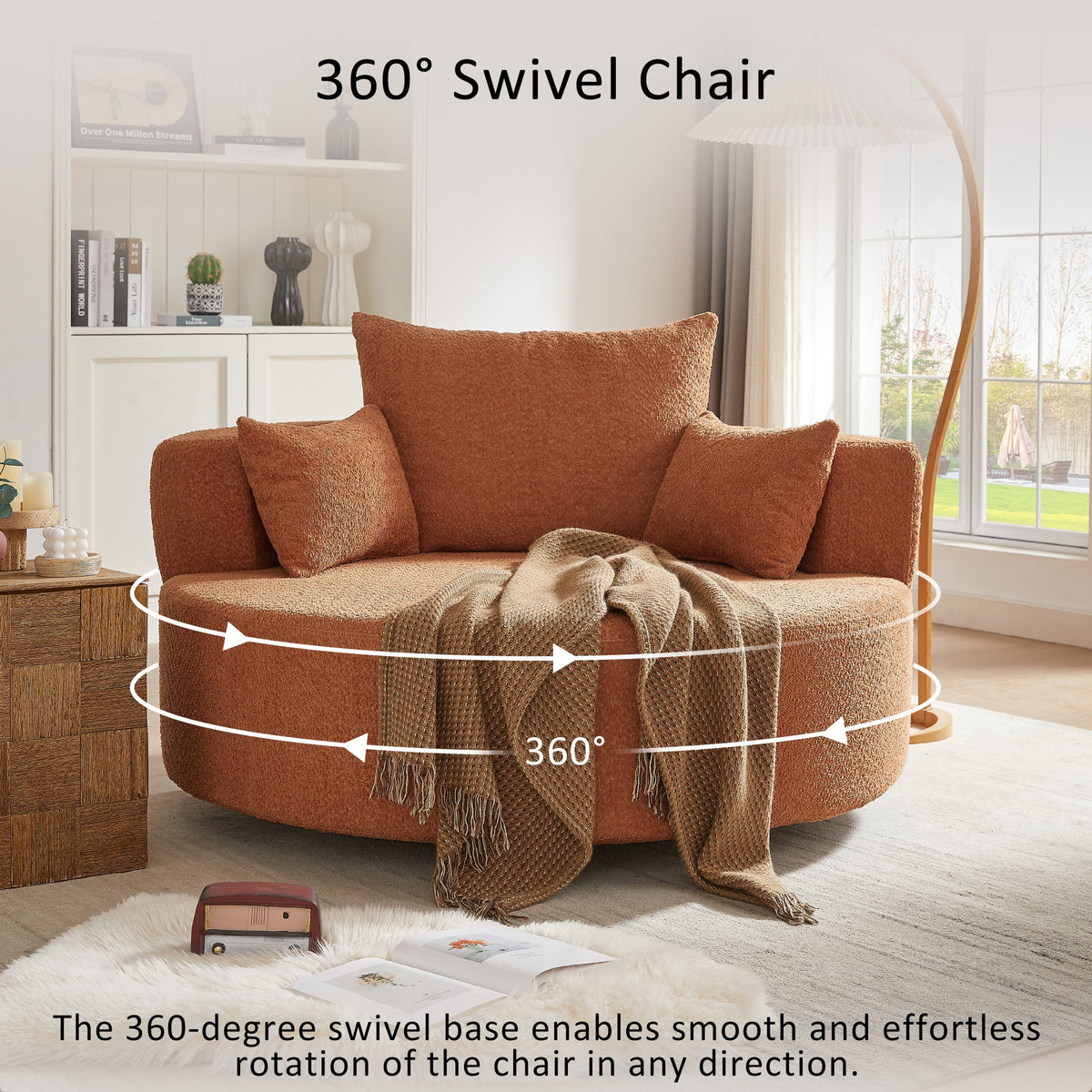 360° Swivel Accent Barrel Chair with Removable Pillows, Orange Red Chenille, 56.3 Inch