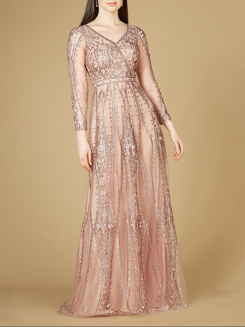 Long Illusion Sleeves, A-line Long Gown | Lara 29788