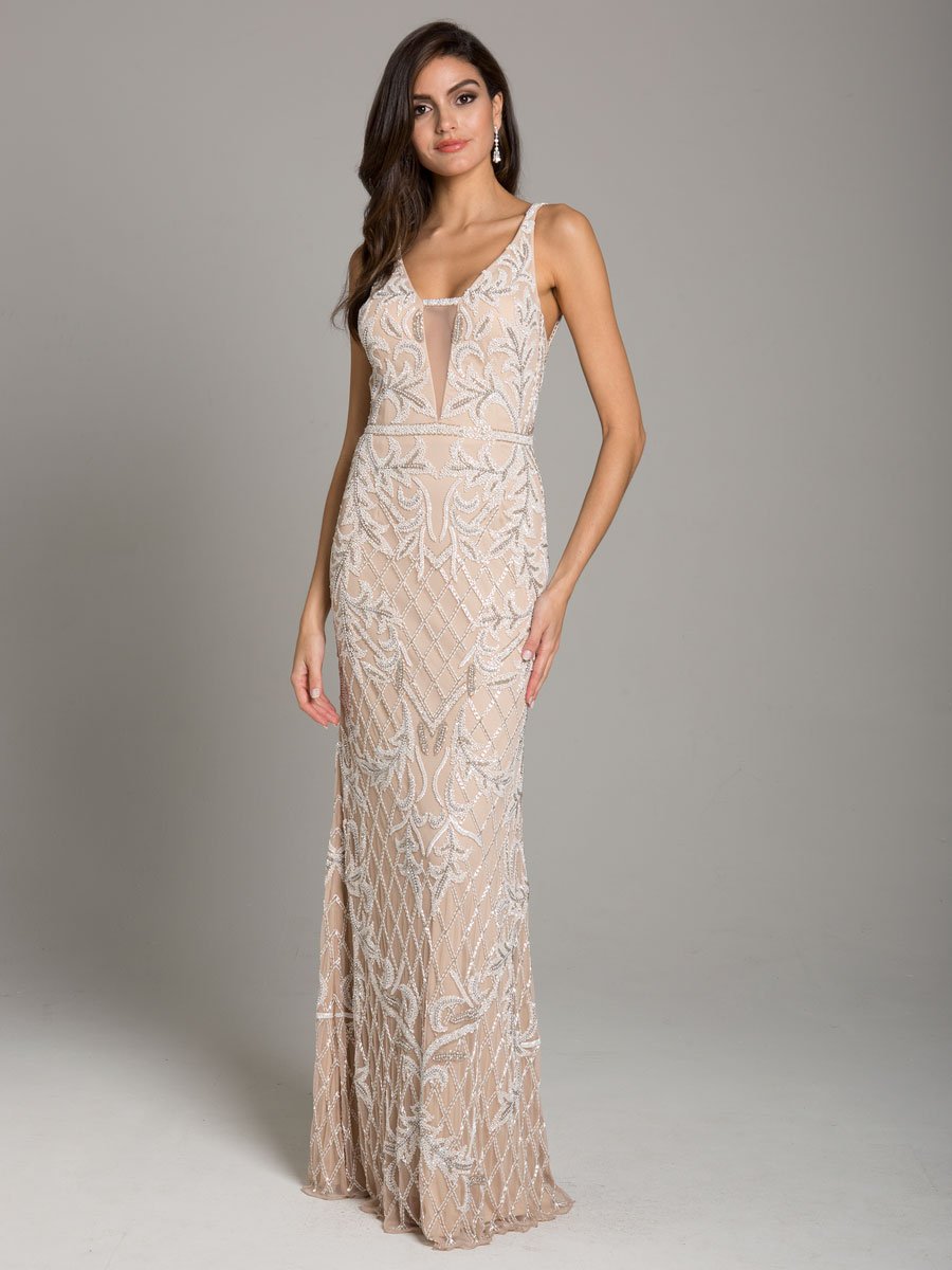 Lara Beverly Long Beaded Low Back V Neck Sleeveless Dress - OUTLET