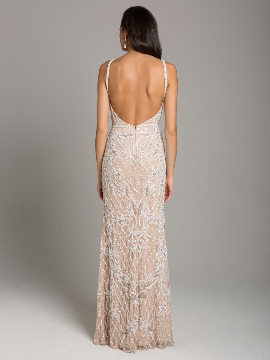 Lara Beverly Long Beaded Low Back V Neck Sleeveless Dress - OUTLET