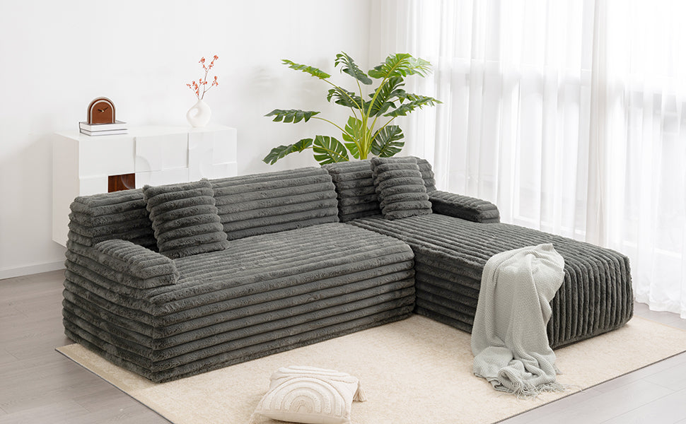 Cloud Sectional Sofa Upholstered Couch with Free-combined Design in Dark Gray Faux Rabbit Fur, 110'