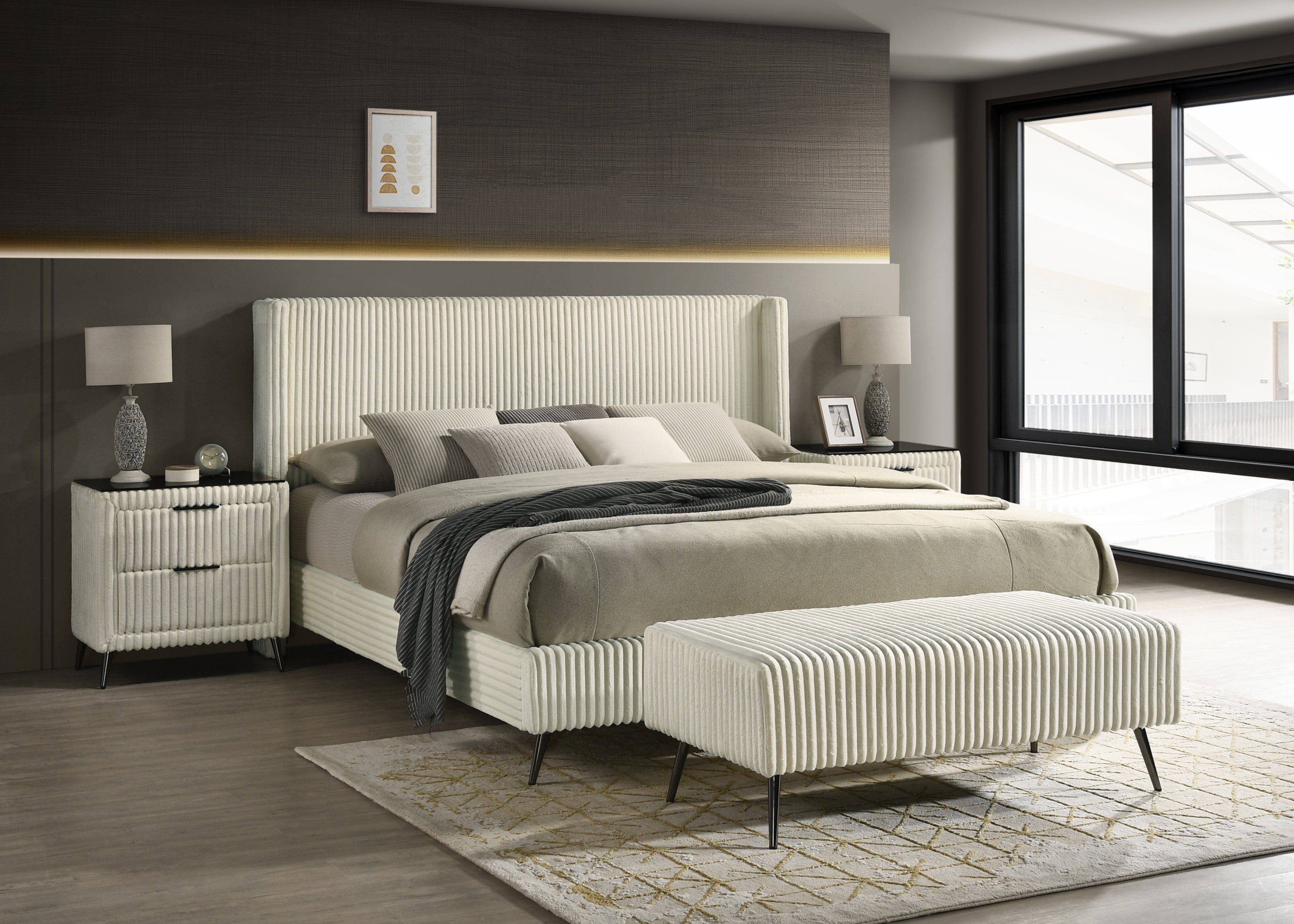 Mavela Wide Wale Corduroy Upholstery Panel King Bed with 2 Nightstands and Bench, Cream