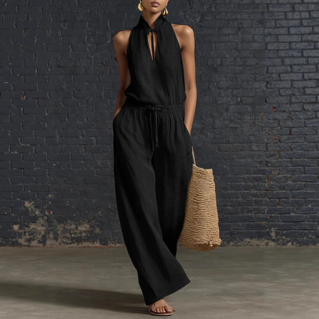Women's Cotton Linen Sleeveless Top & Wide-Leg Pants Two-Piece Set