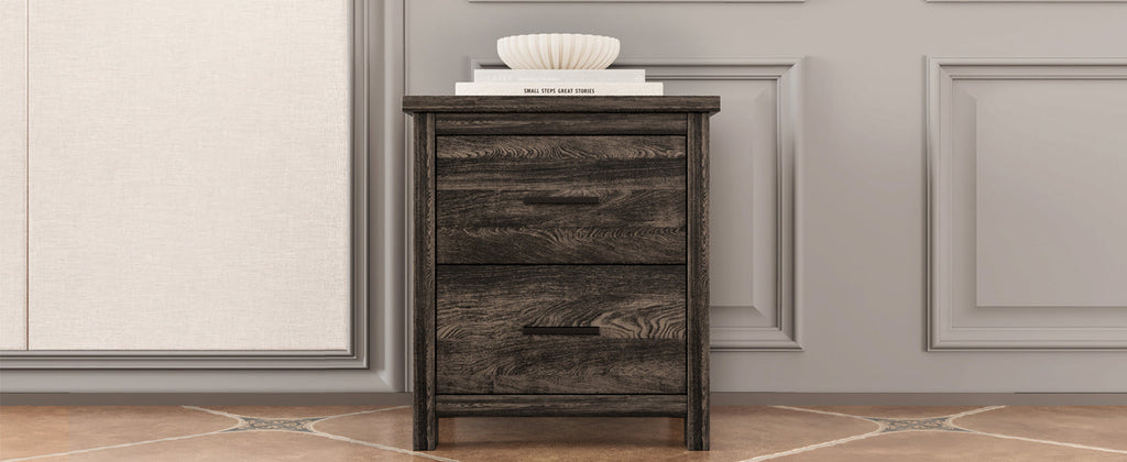 4PCS Bedroom Sets, Wooden Queen Size Bed Frame with Storage Headboard and Charging Station, 2 Nightstands with 2 Drawers, 1 Dresser with 5 Drawers, Antique Gray