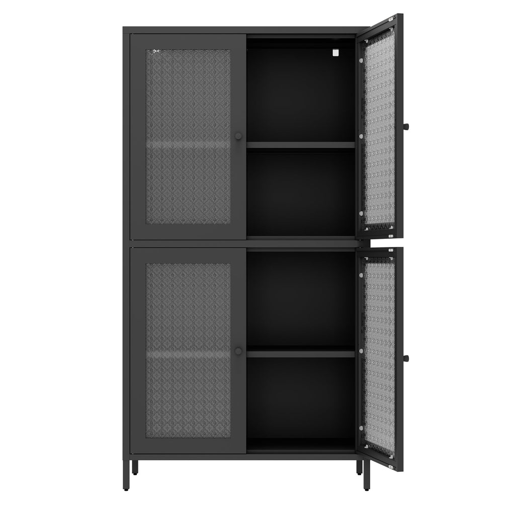 Classic Metal Storage Cabinet Display Cabinet with 4 Glass Doors 4 Shelves Cabinet Freestanding Bookcase Side Cabinet for Home Office Living Room Kitchen Hallway - Black, Begonia Flower Tempered Glass