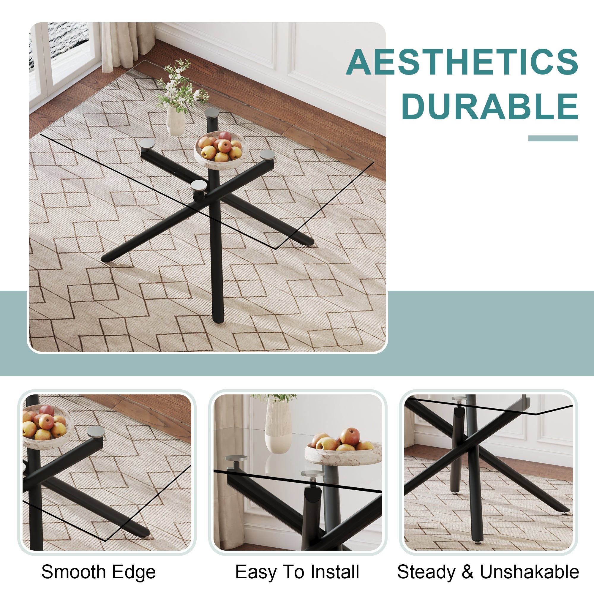 Large Modern Minimalist Rectangular Glass Dining Table for 6-8 with 0.39' Tempered Glass Tabletop and Black color Metal Legs, for Kitchen Dining Living Meeting Room Banquet hall.W1151S01207