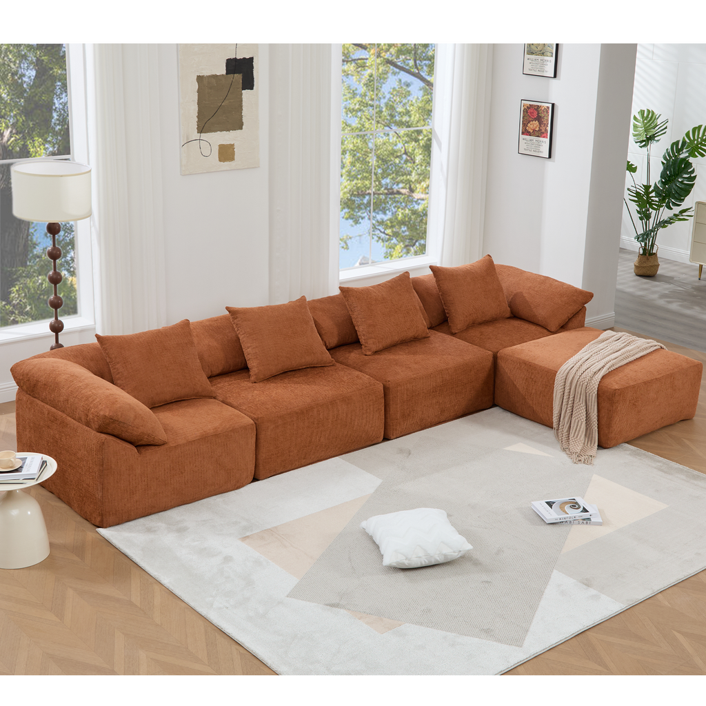 142' L Shaped Modular Sectional Sofa,No Assembly,5 Piece Couch, Convertible Sleeper Couch,Full-Compressed Couch,Free-Combined Couches,5 Seat & Ottoman,Chenille,Orange