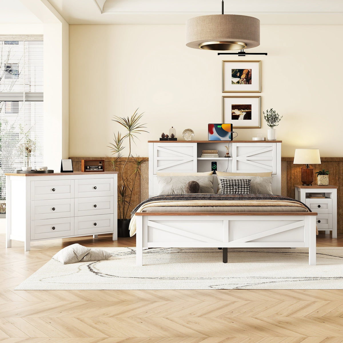 3-Pieces Bedroom Sets Queen Size  Farmhouse Platform Bed with Double Sliding Door Storage Headboard, Storage Nightstand and Dresser, White+Brown(Old SKU HL000092AAK)