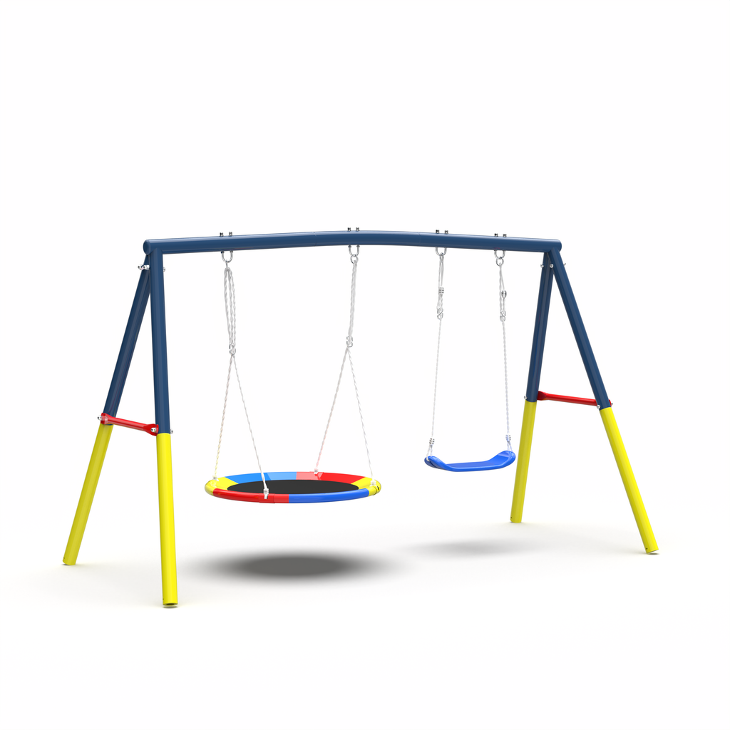 Swing Set for Backyard, 440lbs Swing Set with Heavy-Duty A-Frame Metal Outdoor Swing Stand, 1 Saucer Swing Seat & 1 Belt Swings Seat