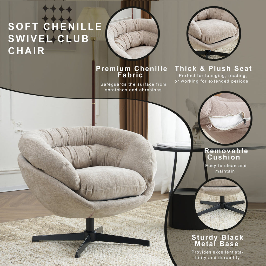 Modern Chenille Office Chair, 360° Swivel Club Chair/Accent Chair with Removable Cushion, Round Office Chair, Black Metal Base, Cotton Material, Living Room, Bedroom, Reading Corner, Office (Brown)