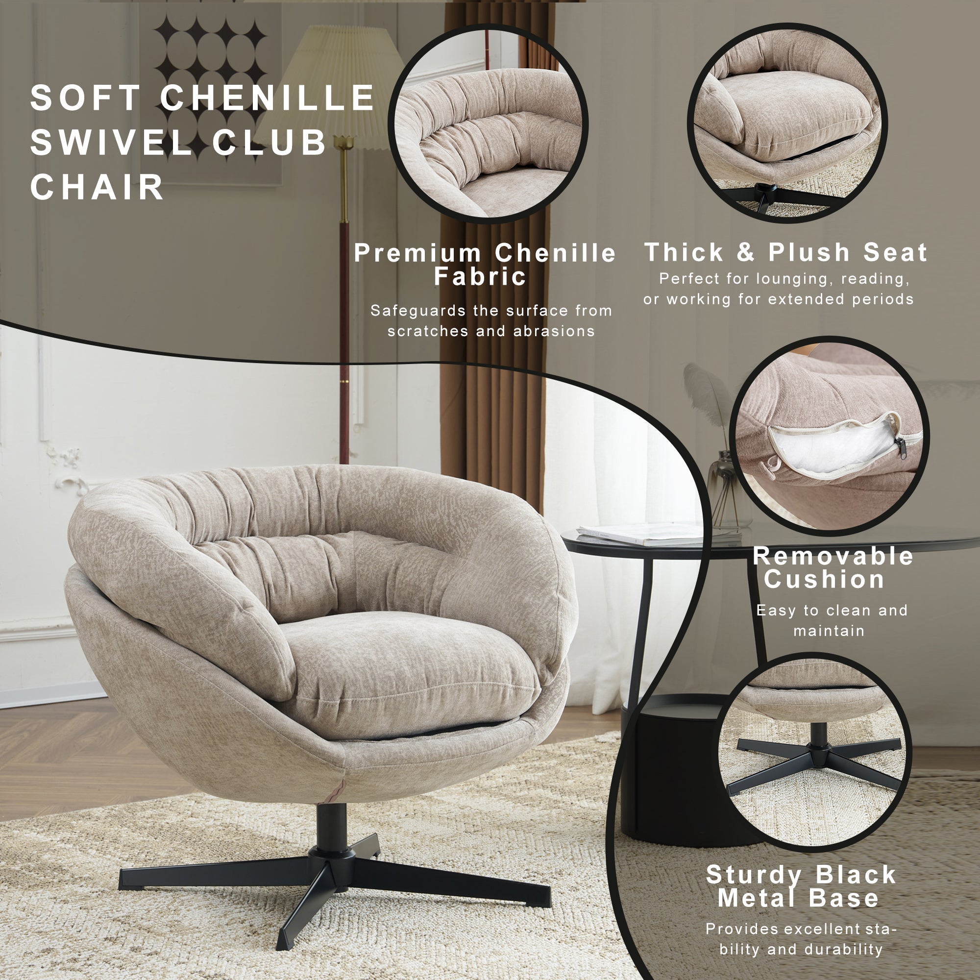 Modern Chenille Office Chair, 360° Swivel Club Chair/Accent Chair with Removable Cushion, Round Office Chair, Black Metal Base, Cotton Material, Living Room, Bedroom, Reading Corner, Office (Brown)