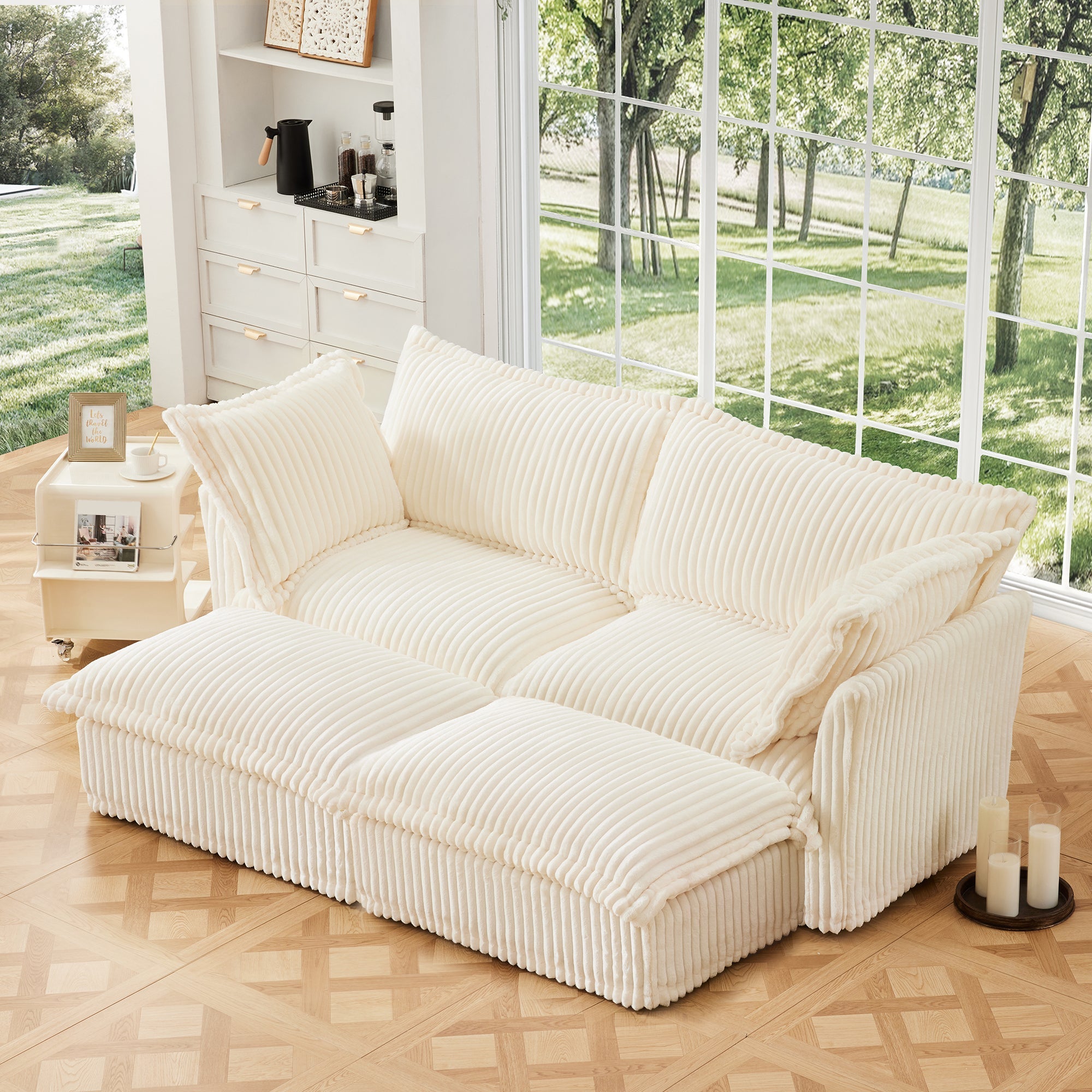 Slipcovered Sofa 2 Seater Sofa    With 2 Ottomans, 2 Seater Sleeper Sofa Bed Home Theater Oversized Sofa For Living Room, Corduroy, Cream