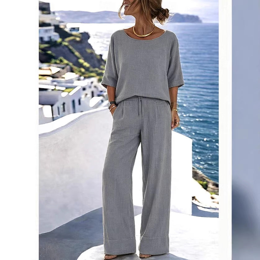 Women's Cotton Linen Resort Set – Short Sleeve Top & Wide-Leg Pants
