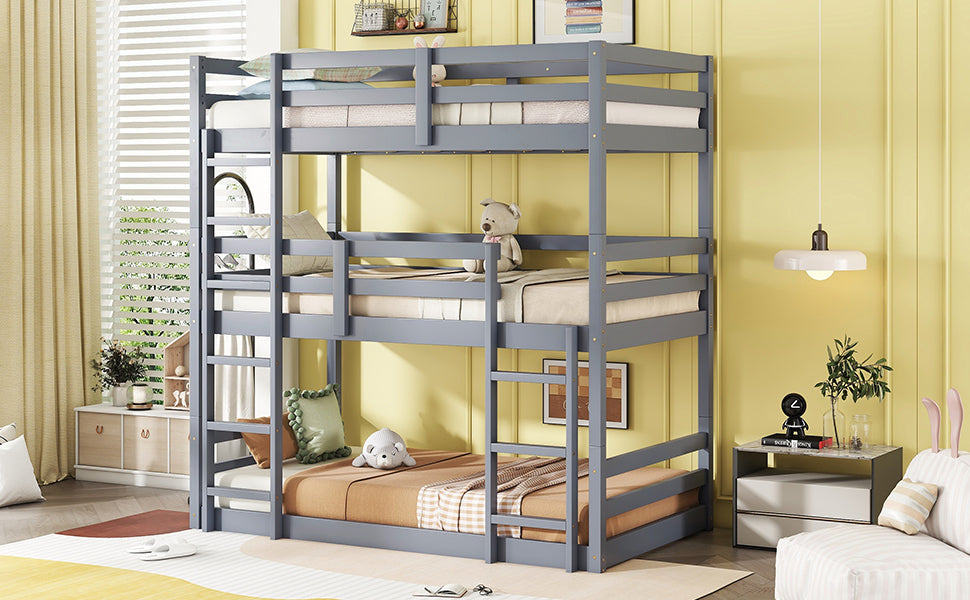 Triple Rubber Wood Bunk Bed with Two Built-in Ladders, Guardrails, Twin over Twin over Twin, Detachable Triple Twin Bunk Bed,Grey