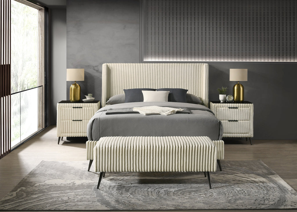 Mavela Wide Wale Corduroy Upholstery Panel Queen Bed with 2 Nightstands and Bench, Cream