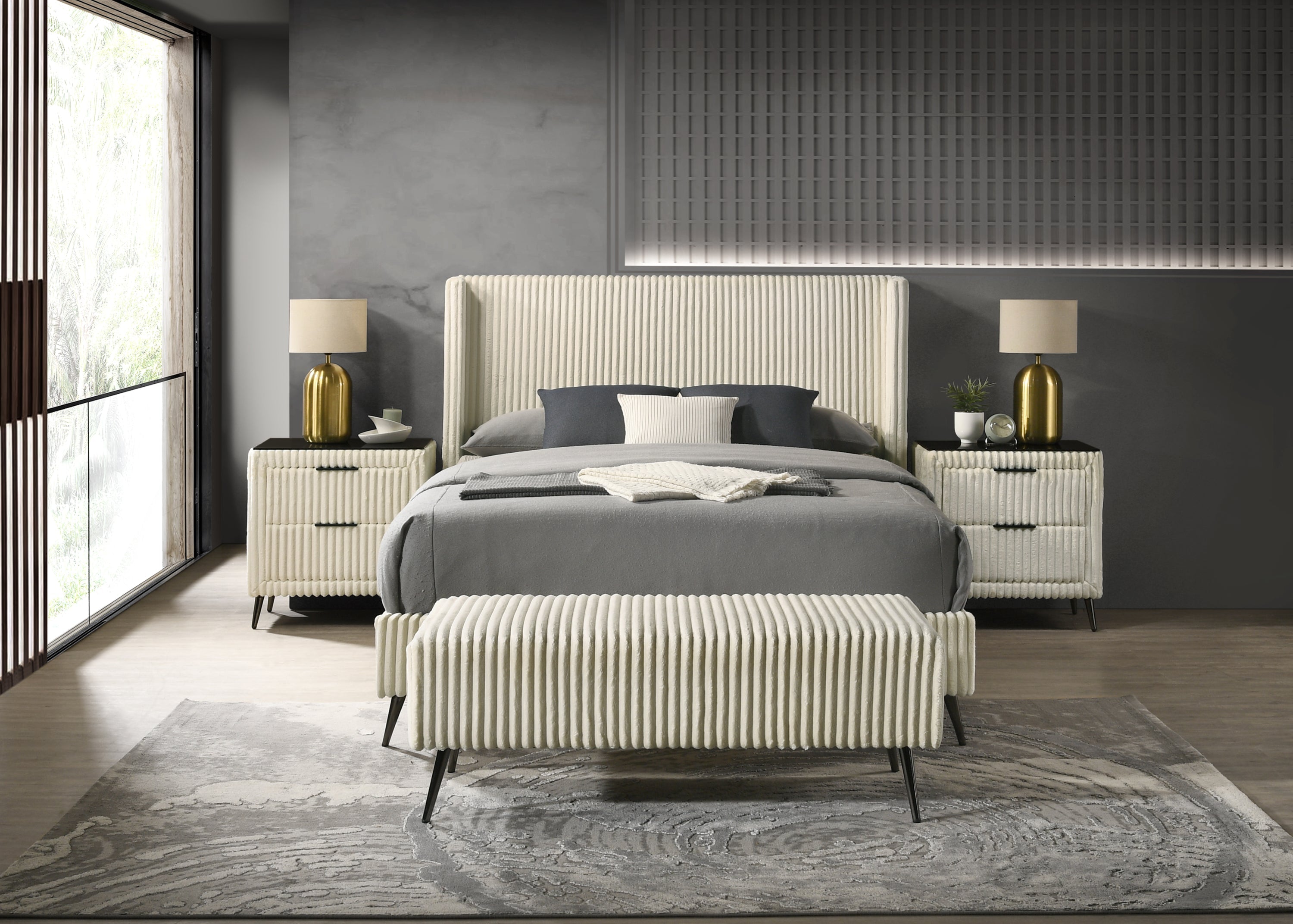 Mavela Wide Wale Corduroy Upholstery Panel Queen Bed with 2 Nightstands and Bench, Cream