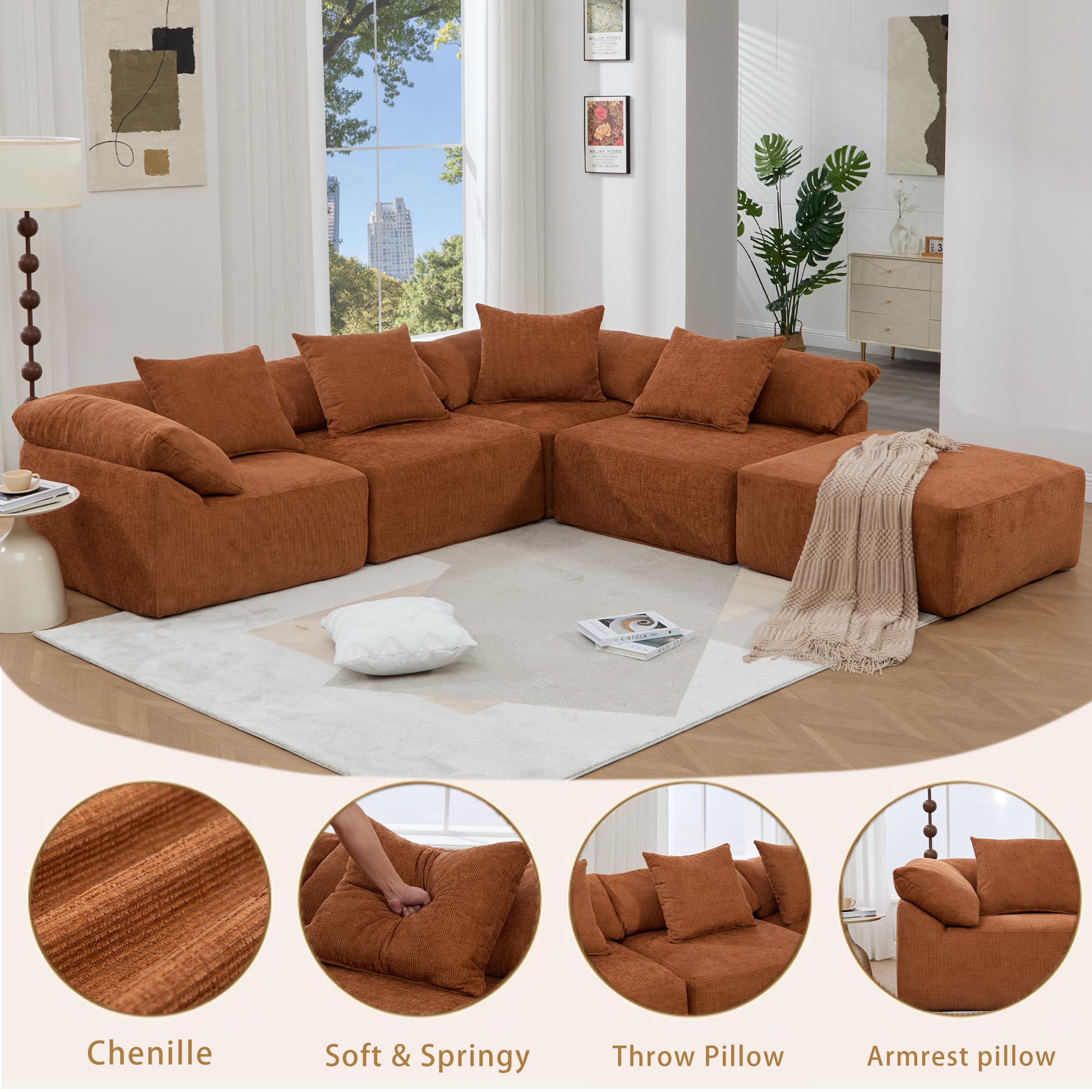 142' L Shaped Modular Sectional Sofa,No Assembly,5 Piece Couch, Convertible Sleeper Couch,Full-Compressed Couch,Free-Combined Couches,5 Seat & Ottoman,Chenille,Orange