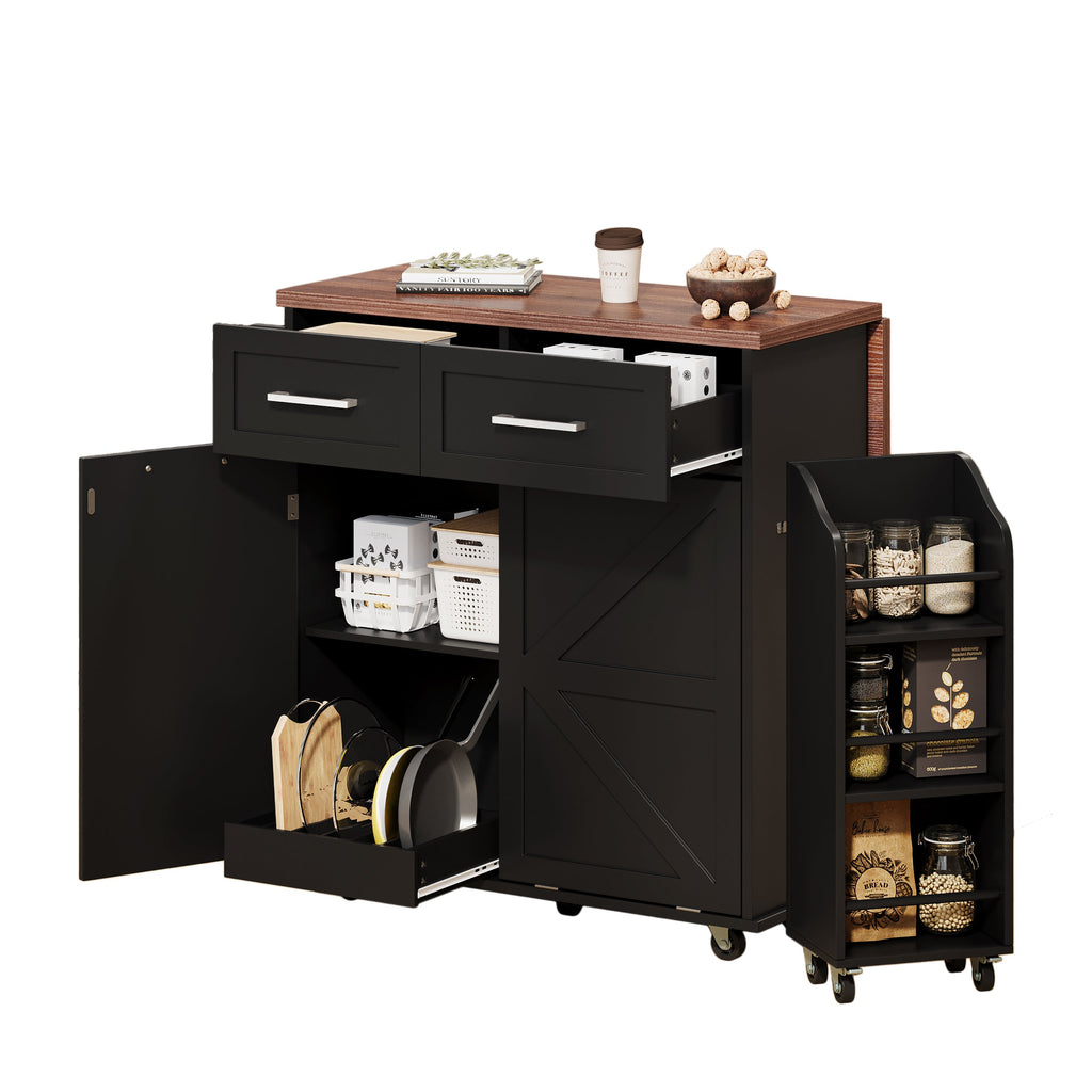 K&K 47.2' Farmhouse Kitchen Island with Drop Leaf, Kitchen Storage Island with Removable Side Racks, Two Drawers, Rolling Kitchen Cart on Wheels with Towel Rack, for Home, Kitchen, Dining Room, Black