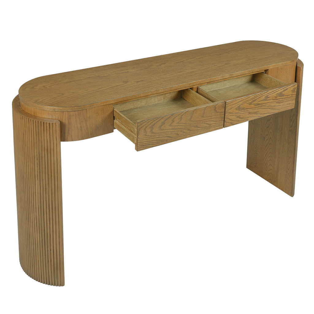 TREXM Entryway Table with Natural Wood Grain Finish, Console Table with Fluted Design, Oval Top and 2 Drawers for Entryway and Living Room (Pine Wood)