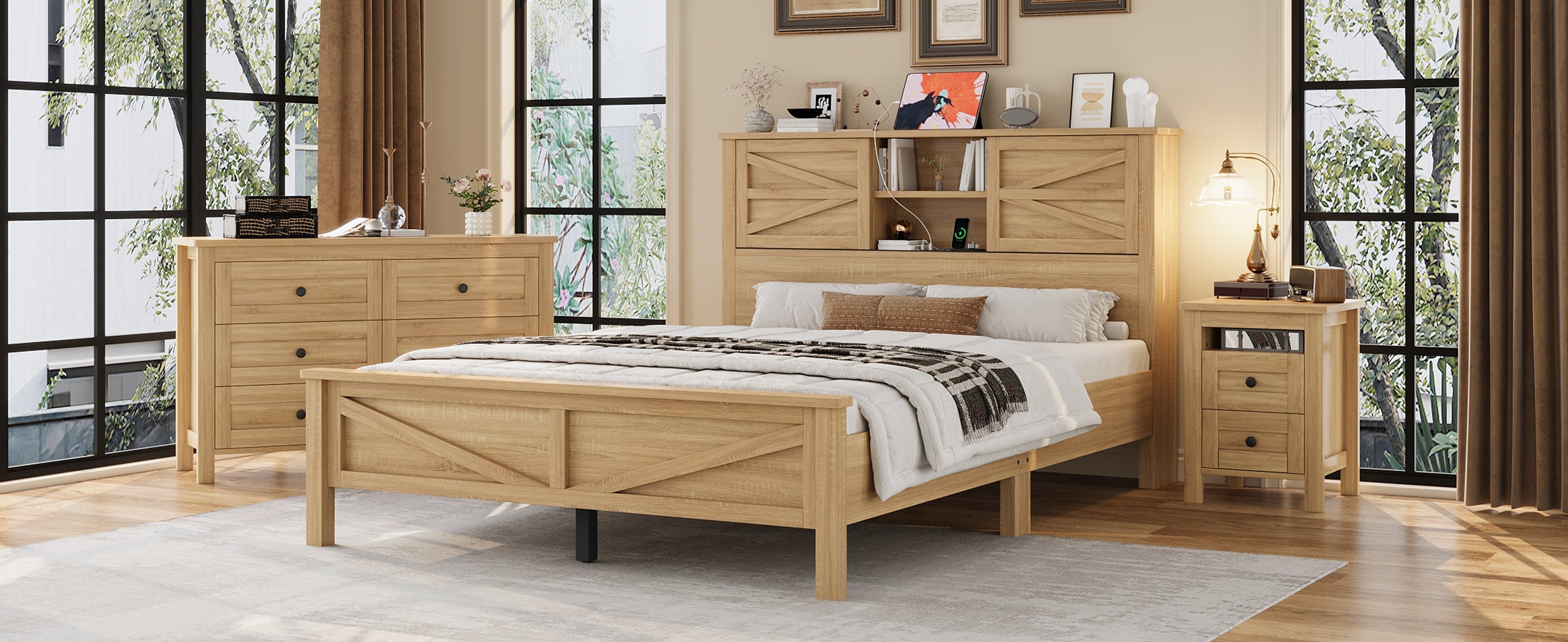 3-Pieces Bedroom Sets Queen Size Farmhouse Platform Bed with Double Sliding Door Storage Headboard and Charging Station, Storage Nightstand and Dresser, Natural