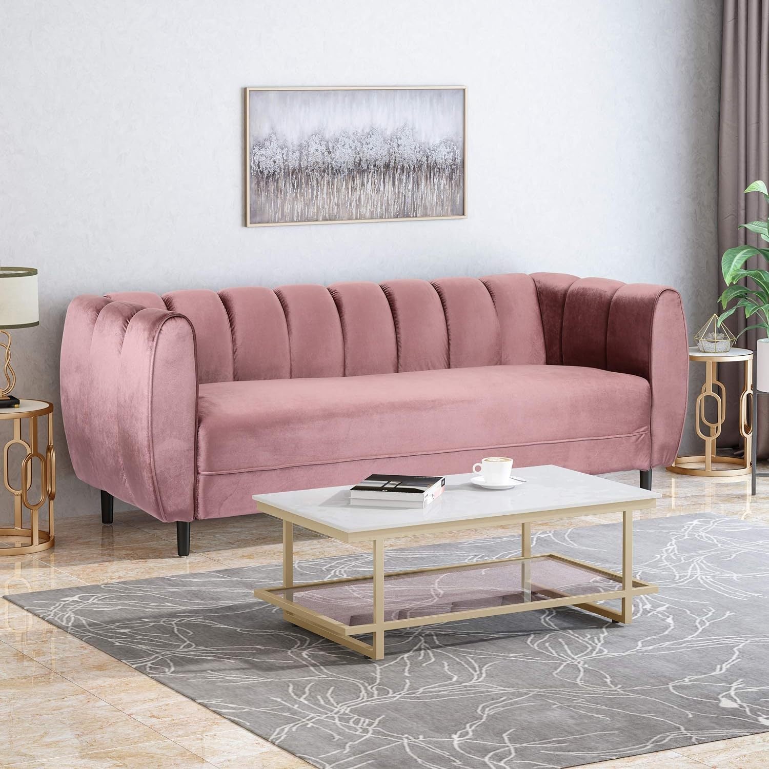 Miranda Velvet 3-Seater Sofa with Modern Glam Style and Blush Color