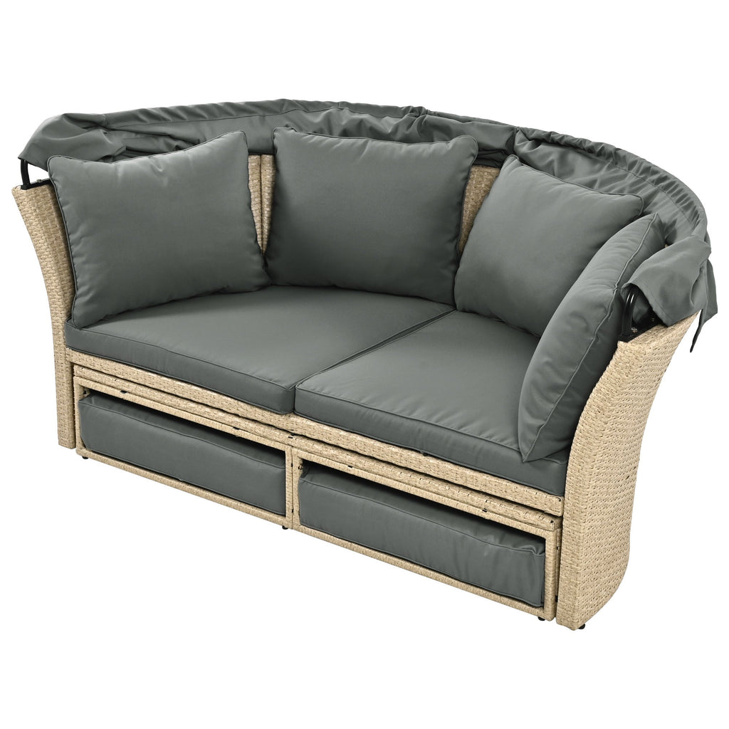 Outdoor Patio Daybed Wicker Rattan Double Daybed with Retractable Canopy, Grey, Polyester Upholstery, 71.7 x 63.4 x 62.2 inches
