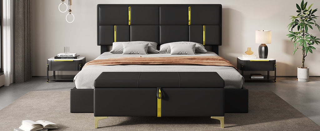 2-Pieces Bedroom Sets,Queen Size Upholstered Platform Bed with Hydraulic Storage System,Storage Ottoman with Metal Legs,Black(Old SKU:N733S207778B)