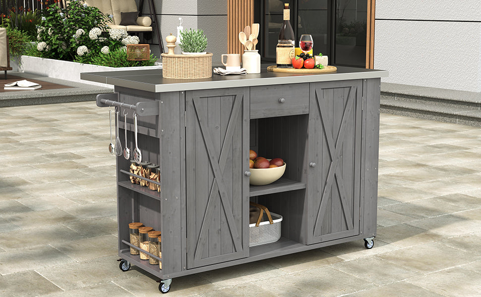 Outdoor Kitchen Island Fir Wood Kitchen Island with Stainless Steel Top, Ample Storage, Towel and Spice Racks, Bottle Opener, Grey