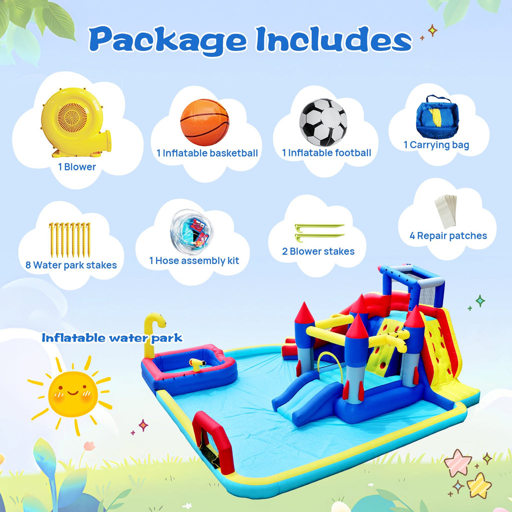 10 in1 Inflatable slide water park  bouncing house garden with splash pool & water gun & basketball & climbing wall & dual pools & soccer