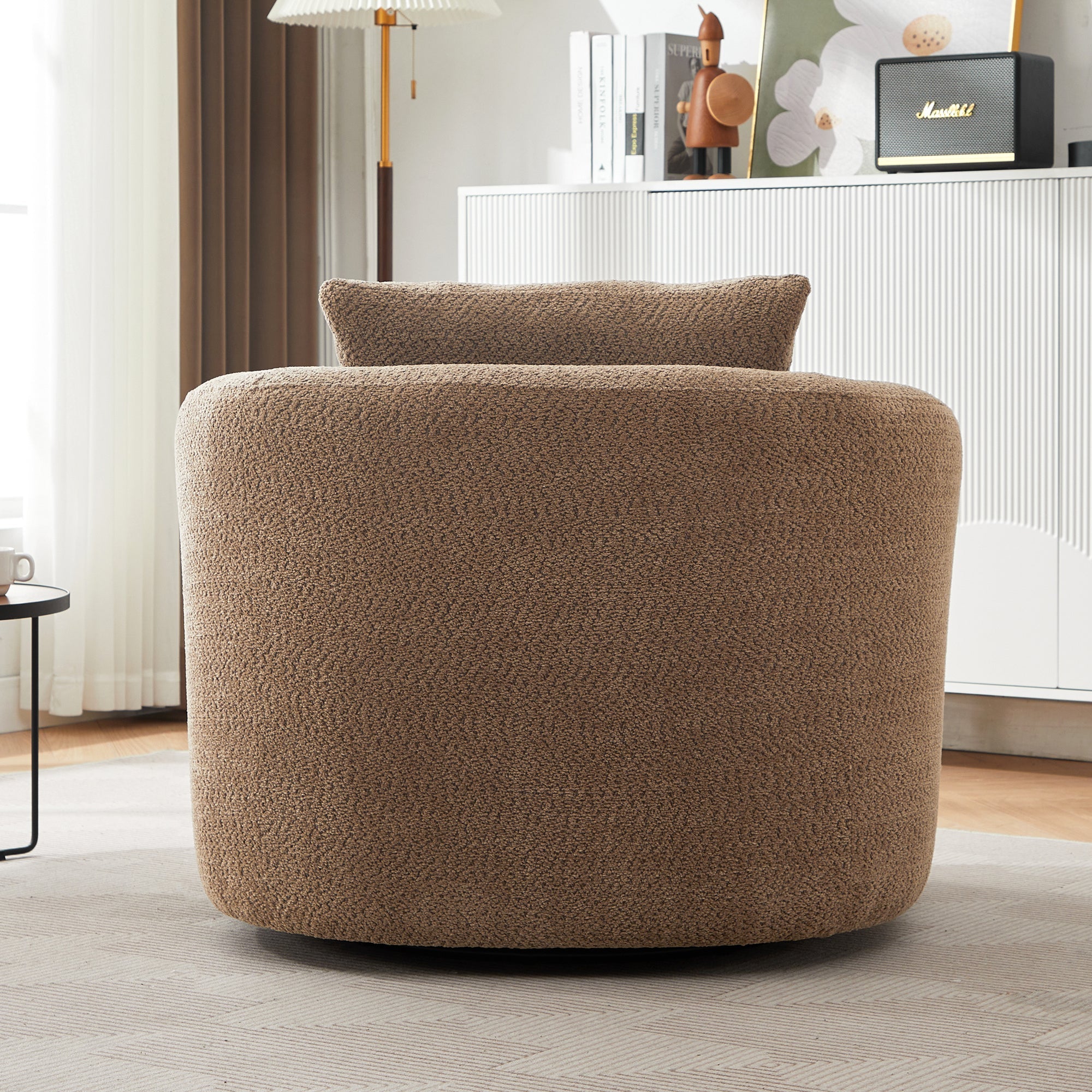 Chenille Upholstered 360° Swivel Chair with Throw Pillow, Dark Brown, 38.2' Accent Chair Sofa for Living Room and Office