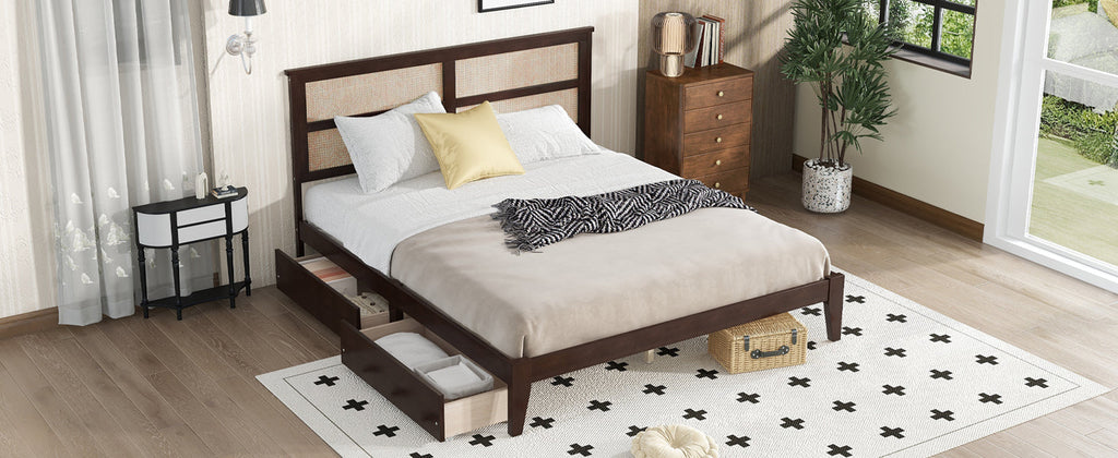 King Size Bed with Rattan Headboard, Two Storage Drawers, Rubber Wood Bed with Enhanced  Support Salts and Feet,Espresso