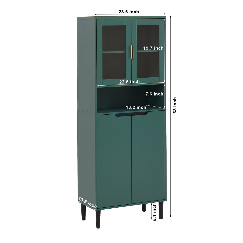 Tall Storage Bookcase with 2 Glass Display Door & 2 Doors, Tall Kitchen Pantry Cabinet with Gold Handles, Modern Cabinet Freestanding Living Room Green