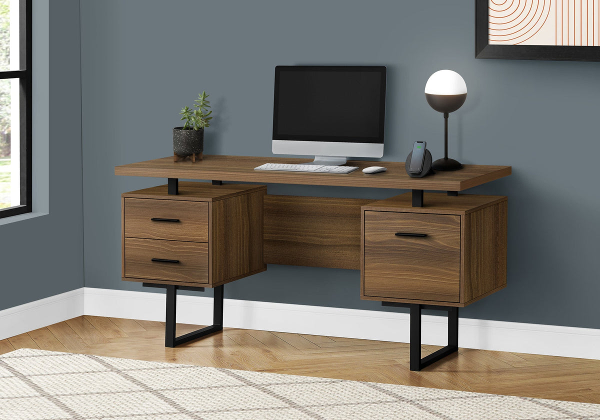 Computer Desk, Home Office, Laptop, Left, Right Set-up, Storage Drawers, 60'l, Work, Walnut Laminate, Black Metal, Contemporary, Modern