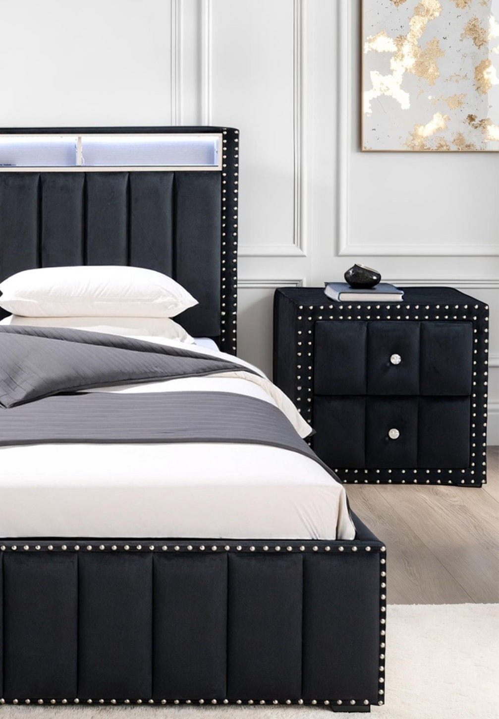 Queen Size Bed And 2x Nightstands Bedroom Furniture Luxury Look Black Fabric Upholstered Bedframe w LED Nailhead Trim 3pc Bedroom Set