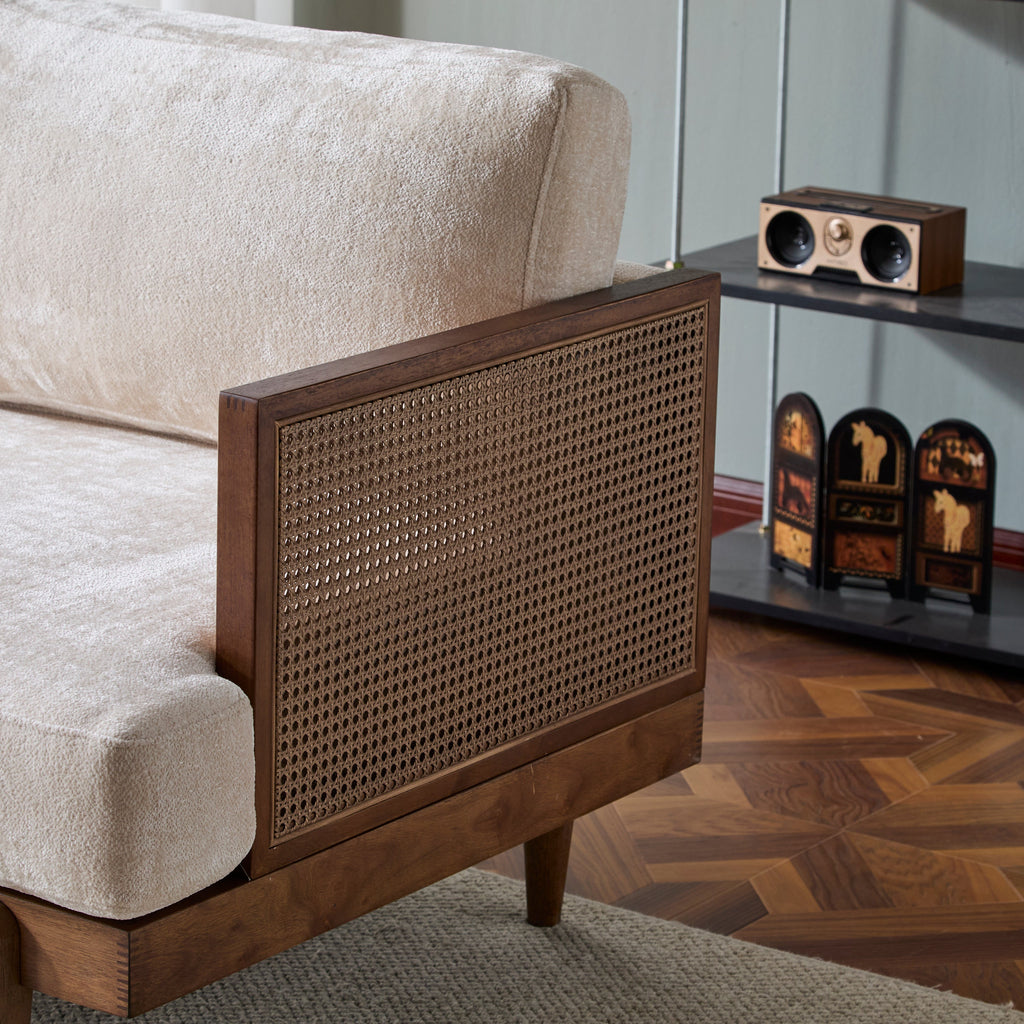 EMIR 72' Square Arm 3-Seater Sofa with Cane Rattan and Wooden Frame,Walnut,,Living Rooms,Bedrooms,Apartment Office
