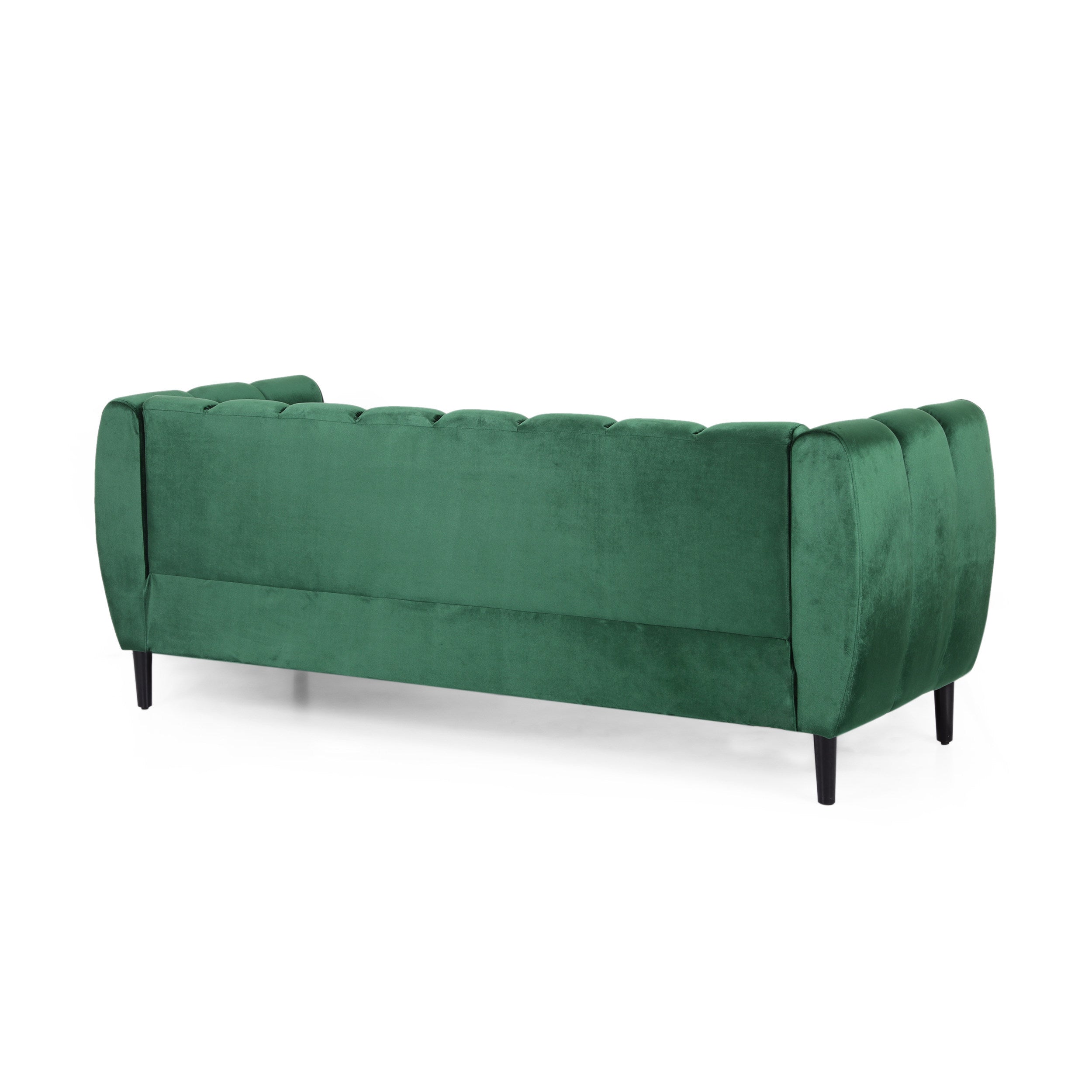 Miranda Velvet 3-Seater Sofa with Channel Stitching in Emerald Velvet and Birch Wood Legs